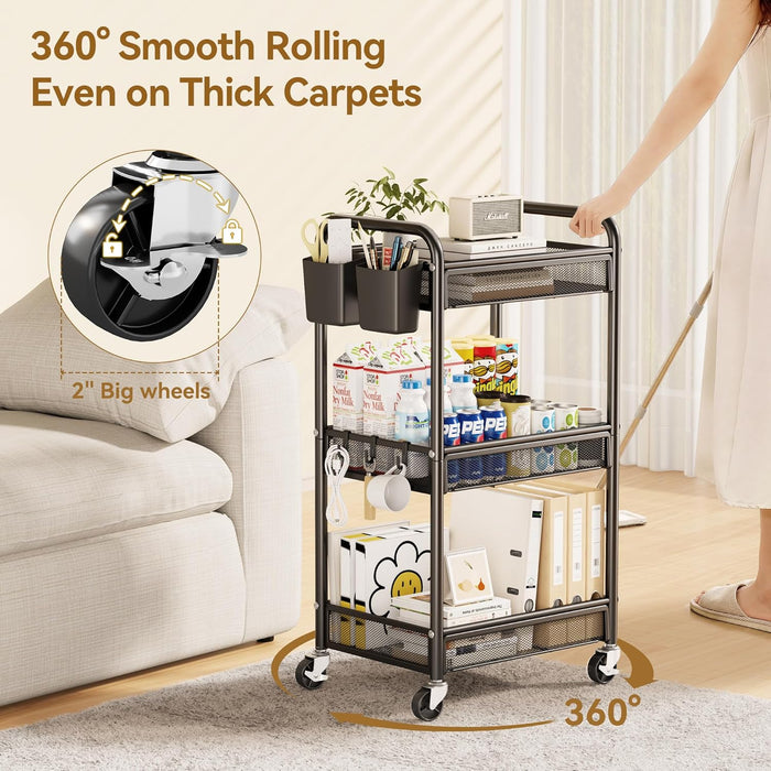 3 Tier Metal Rolling Cart, Black Utility Storage Cart with Wheels
