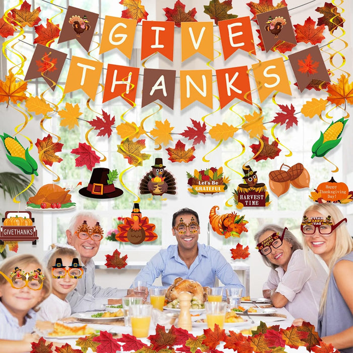 Thanksgiving Decorations Set, GIVE THANKS Banner and Garland, Hanging Swirls, Turkey Glasses and Maple Leaf for Indoor H