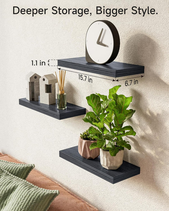 Black Floating Shelves 15.7in, Set of 3, Wall Mount Rustic Wood Shelf
