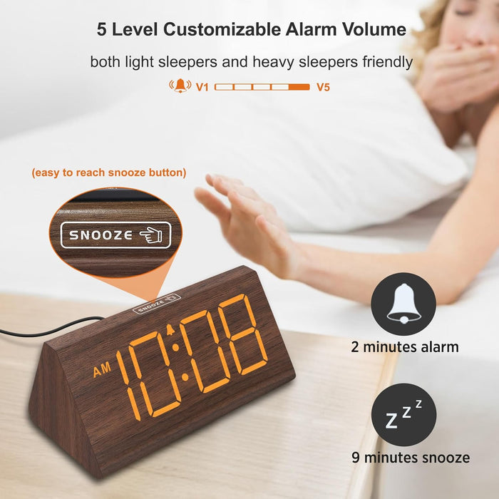 Wooden Digital Alarm Clock for Bedrooms Desk with Large Numbers