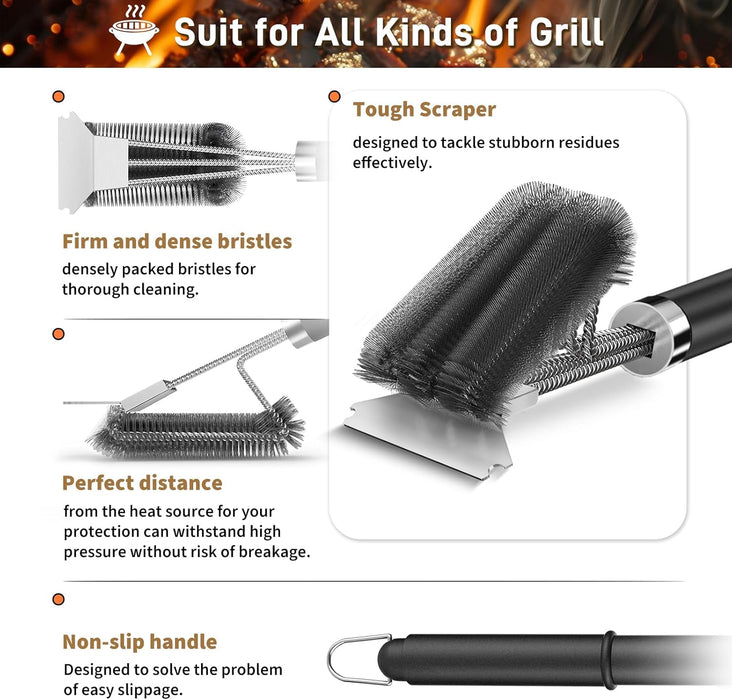 Grill Brush with Scraper, 18" Adjustable Handle BBQ Grill Brush for Outdoor Grill, Extra Strong Grill Cleaner Accessorie