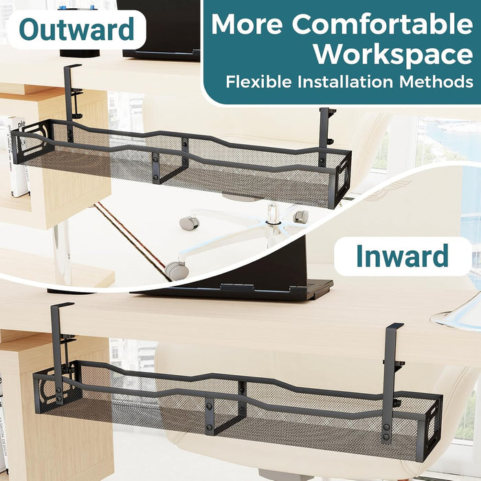 Cable Management Under Desk, 25.3'' No Drill Desk Cable Management Tray with Clamp, Metal Cord Organizer for Standing Desk, Computer Wire Management for Home Office & Gaming Setup, Black