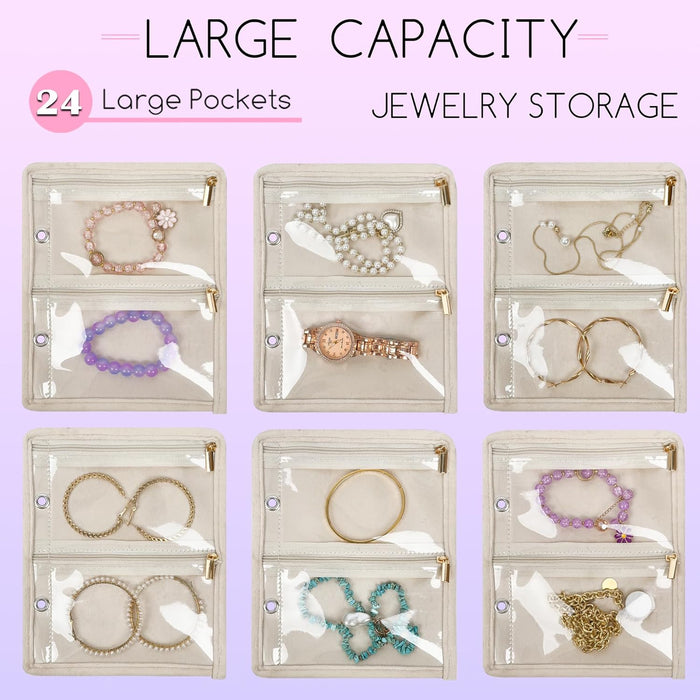 Travel Jewelry Organizer Case,Jewelry Bags for Traveling, Jewelry Binder with 24 Pcs Clear Zipper Velvet Pouches for Sto