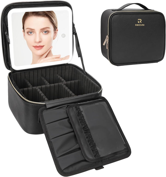 Travel Makeup Bag With LED Mirror, Cosmetic Train Case with Light up Mirror, Portable Makeup Artist Organizer Bag with Adjustable Dividers, Makeup Brush Holder Storage, Black
