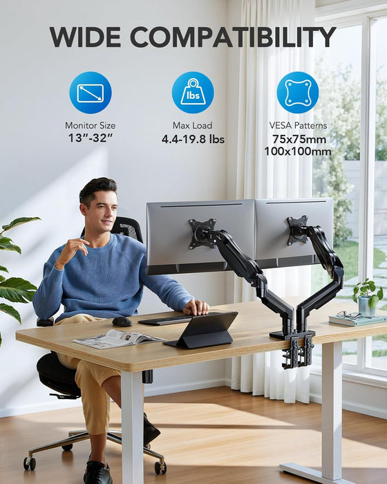 FlowLift™ Dual Monitor Stand, Fully Adjustable Gaming Monitor Desk Mount for 13–32″ Computer Screens, Full Motion VESA 7