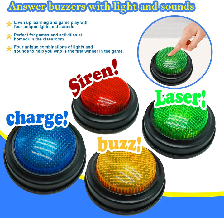 Set of 4 Buzzers for Trivia Games, Answer Buzzers for Classroom, Family Feud Jeopardy Buzzer, Game Buzzers with Lights and Sound for Classroom, Game Show Buzzer Buttons