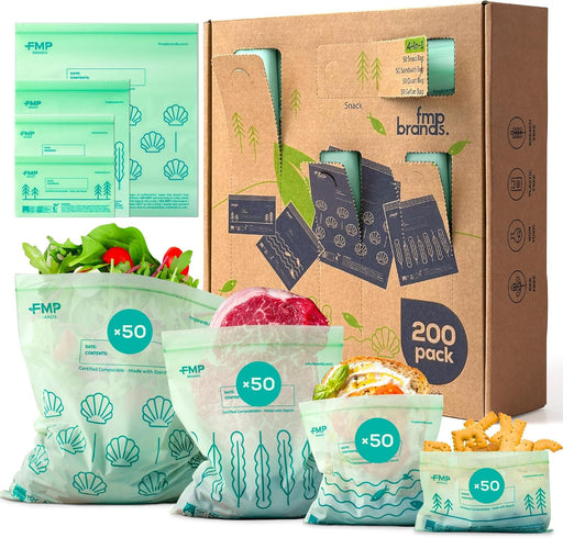 100% Compostable Food Storage Bags Set, Resealable Bags Plant-Based Freezer Bag for Food, ASTM D6400, US BPI & EU OK Compost Certified