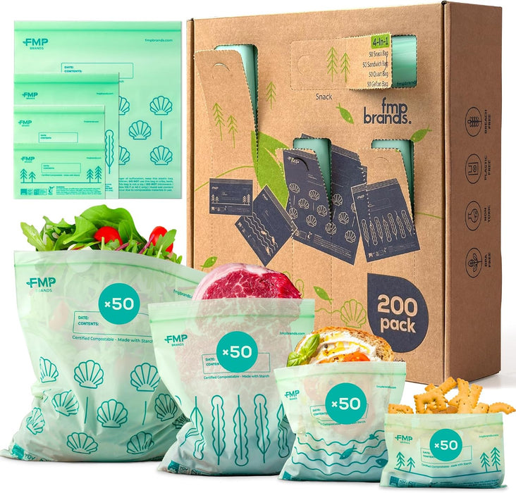 100% Compostable Food Storage Bags Set, Resealable Bags Plant-Based Freezer Bag for Food, ASTM D6400, US BPI & EU OK Compost Certified