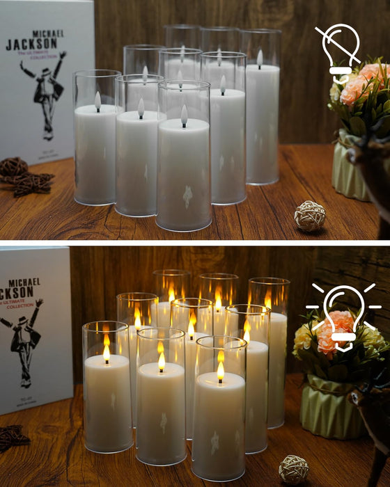 Flickering Flameless Candles Battery Operated with Remote and 2/4/6/8 H Timer Acrylic Led Pillar Candles Pack of 9 (appr D2.3"xH5.5"6.5"7.5")with Realistic 3D Wick Candles for Home Decor(White)