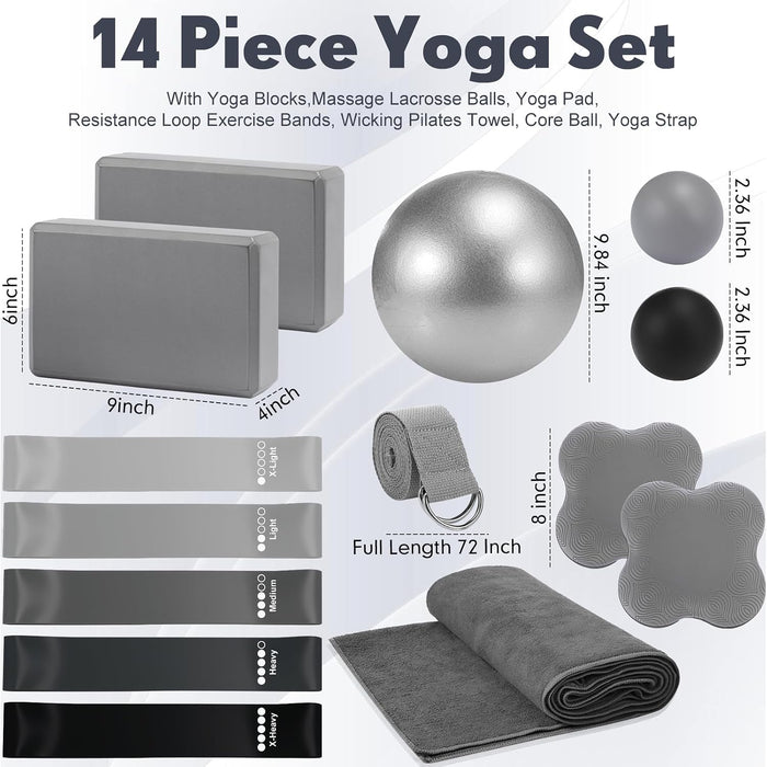 14 Pcs Yoga Kits for Home Workouts Pilates Equipment Set for Women Beginners, Hot Yoga Towel Blocks Strap, Knee Pad, Res