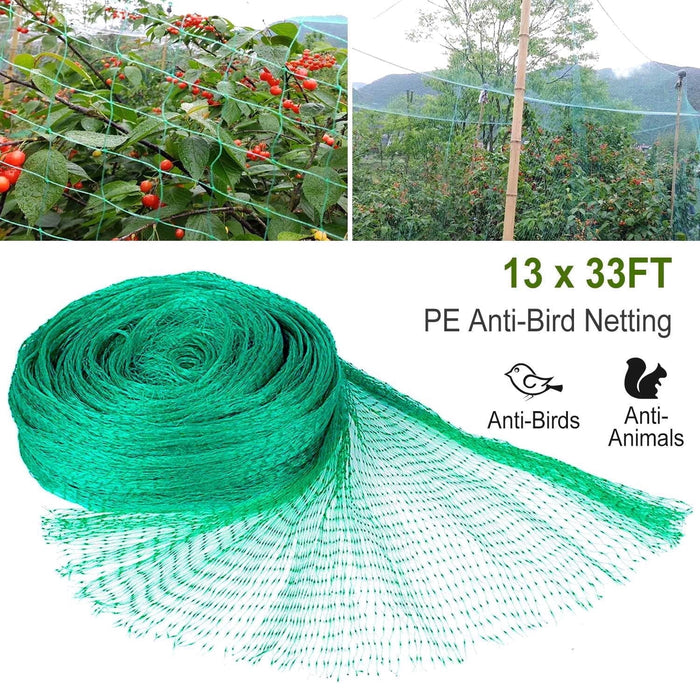 13 by 33 ft green garden bird netting covering fruit trees and vegetables