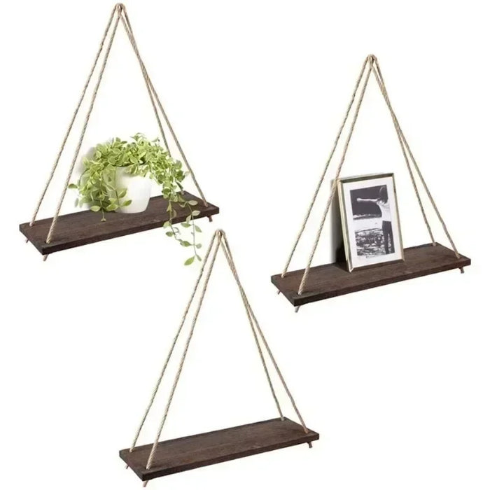 Wooden Rope Swing Wall Hanging Plant Flower Pot Tray