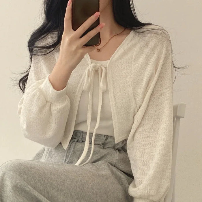 Thin White Cardigan Sunscreen Lace-up Knitted Tops