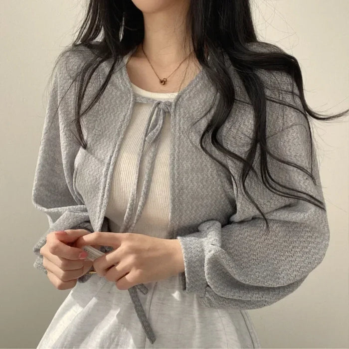 Thin White Cardigan Sunscreen Lace-up Knitted Tops