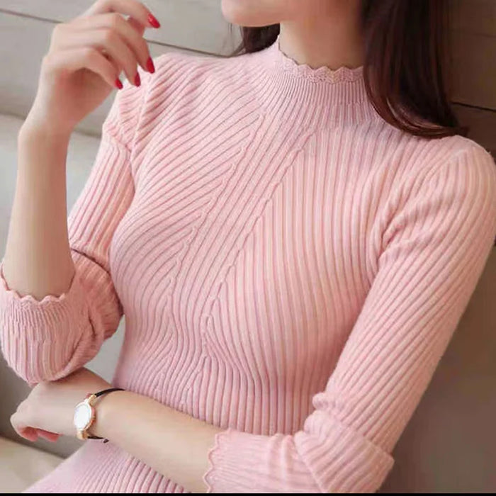 Autumn Women Mock Neck Ruffles Sweater