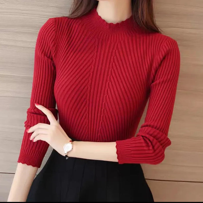 Autumn Women Mock Neck Ruffles Sweater