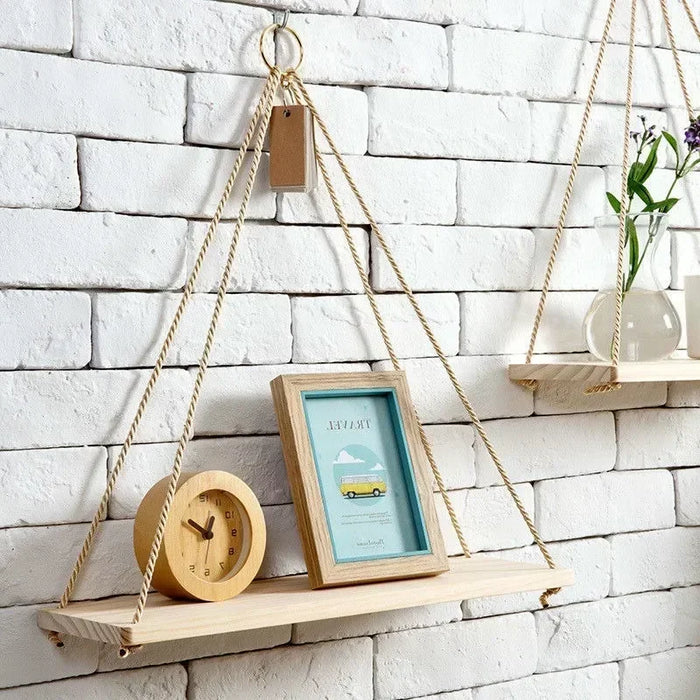 Wooden Rope Swing Wall Hanging Plant Flower Pot Tray