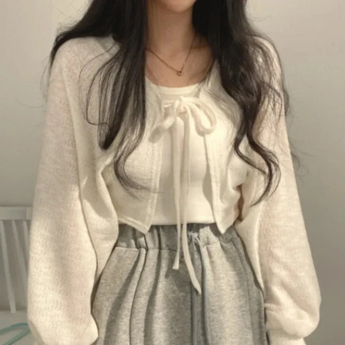 Thin White Cardigan Sunscreen Lace-up Knitted Tops
