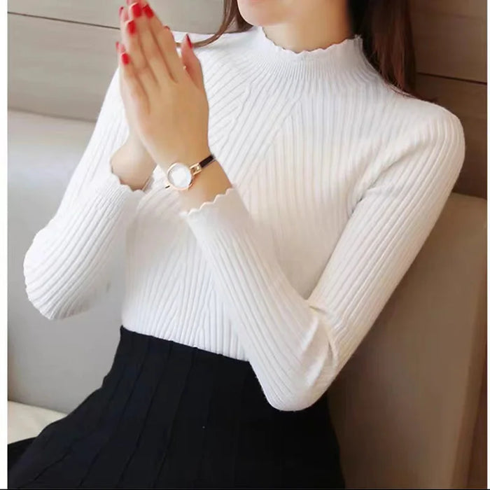 Autumn Women Mock Neck Ruffles Sweater