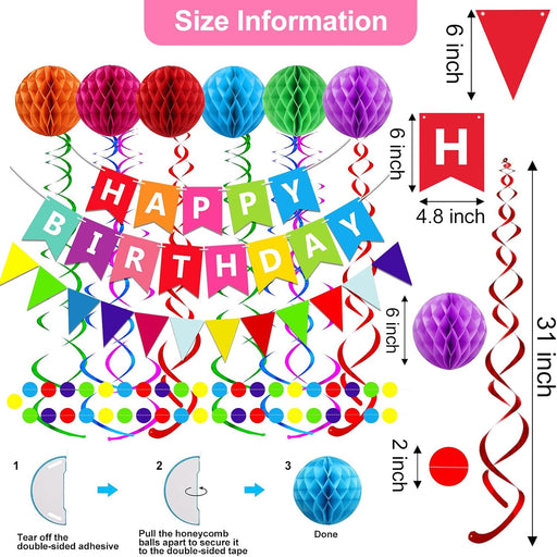 Happy Birthday Banner With Colorful Paper Flag Bunting Paper Circle Confetti Garland Swirl Streamers Honeycomb ball for Birthday Party Decorations