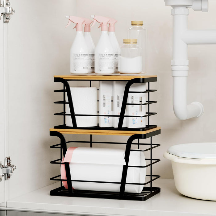 2 Pack Stackable Storage Laundry Kitchen Organizers, Wall Mount Trash Bag Holder with Bamboo Top and Garbage Bag Dispens