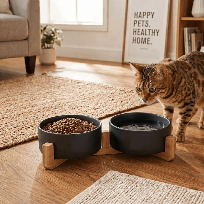 Ceramic Dog and Cat Bowl Set with Wooden Stand, Modern Cute Weighted Food Water Set for Small Size Dogs (13.5OZ) & Medium Sized Dogs (28.7OZ) & Cats (1.7 Cups, 2 × Black)