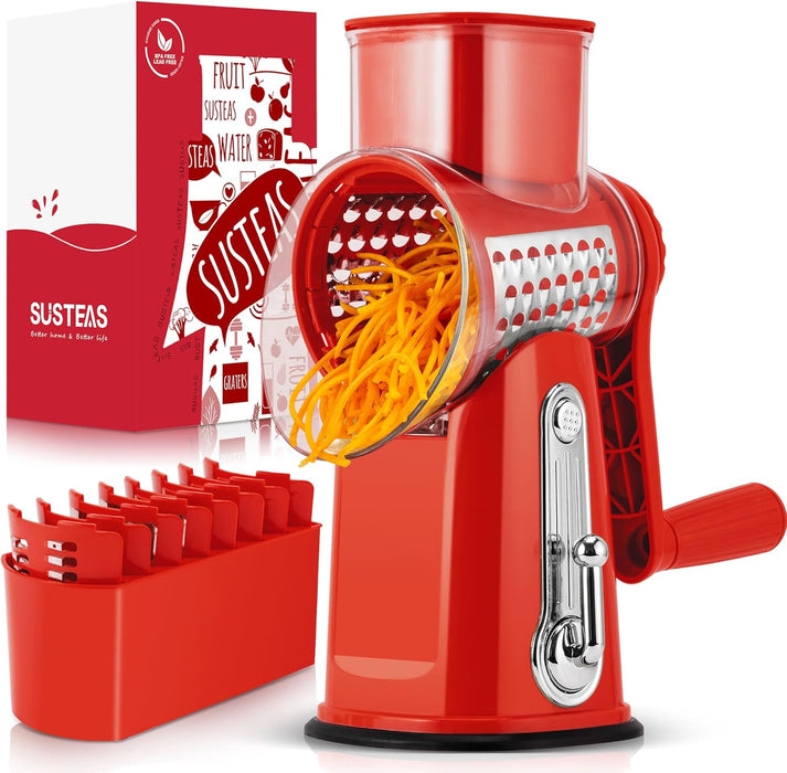 Rotary Cheese Grater with Handle - Vegetable Shredder with 5 Well-Designed Blades & Strong Suction Base,Round Mandoline Slicer & Food Chopper for Kitchen,With Blade Storage Box(Retro Green)