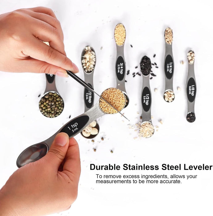 Magnetic Measuring Spoons Set Stainless Steel with Leveler, Stackable Metal Tablespoon Measure Spoon for Baking, Cups an