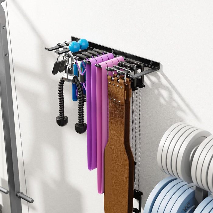 Wall-Mounted Home Gym Equipment Storage Rack for Resistance Bands, Barbell Bars, Cable Attachments, Lifting Belts, Jump 