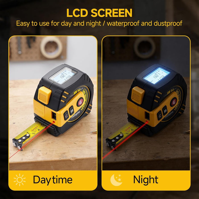 2-in-1 Laser Tape Measure, 197Ft Rechargeable Laser Measuring Tool & 16Ft Measuring Tape with LCD Display - Pythagorean, Area, Volume Digital Tape Measure for Construction & DIY (M/in/Ft)
