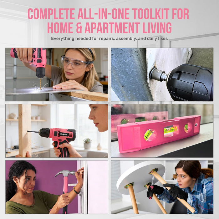8V Cordless Drill Set & Starter Tool Kit for Women, Pink