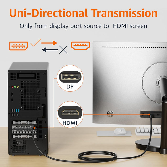 DisplayPort to HDMI Cable, Uni-Directional, 4K@30Hz, 1920x1200, 1080p, Gold-Plated Connectors for Enhanced Picture Quali