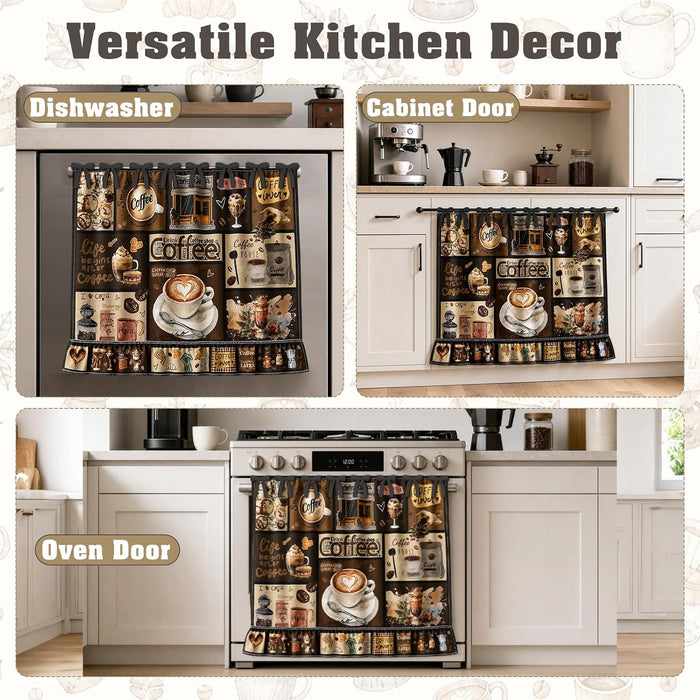 Coffee Bar Farmhouse Oven Skirt Curtain for Stove, Rustic Coffee Lover Tie Top Oven Curtain with Ruffle Trim, Decorative Stove Cover for Cozy Kitchen Decor, Cotton Blend Oven Skirt
