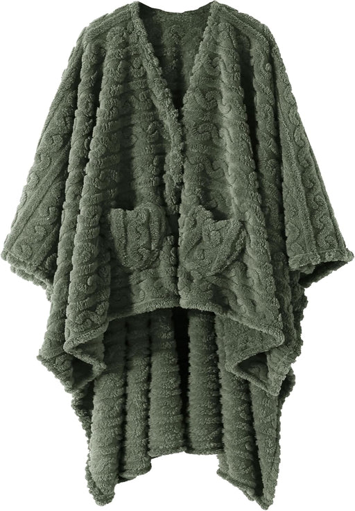 Wearable Blanket Poncho Cape Wrap for Adult, Cozy Sherpa Fleece Pocketed Shawl TV Throw Blankets for Office and Lounge,G