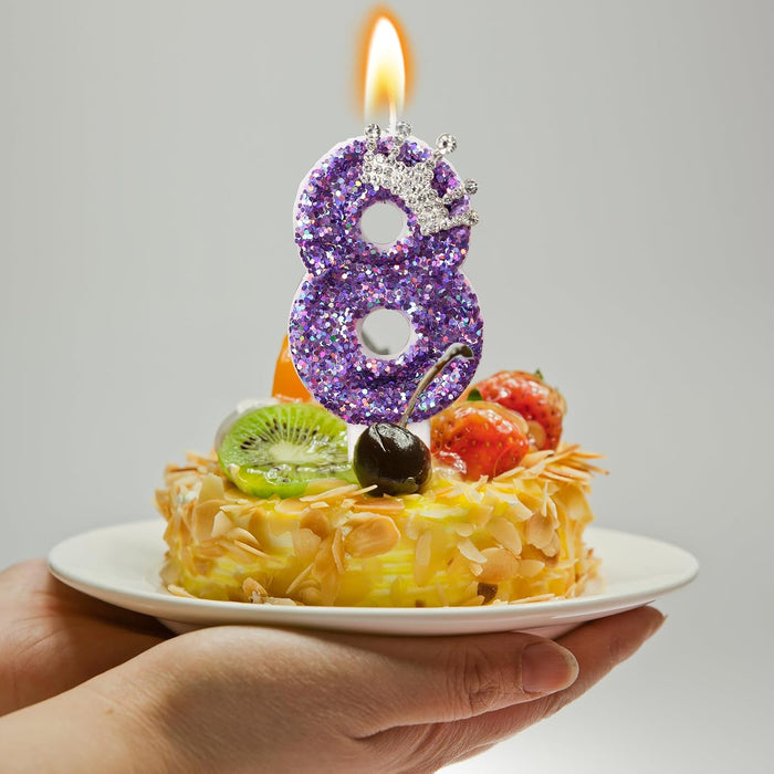 Birthday Number Candles,Purple Crown Birthday Candles for Cake,Glitter Number 8 Candle Cake Topper with Sequins for Anniversary Celebrations Supplies (Number 8)
