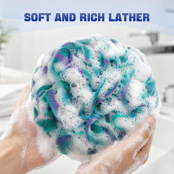 Loofah Sponge 75g/Piece, Exfoliating Bath Sponge Body Scrubber - Loofa Set of 4 Flower Color (Large, Green-Purple)