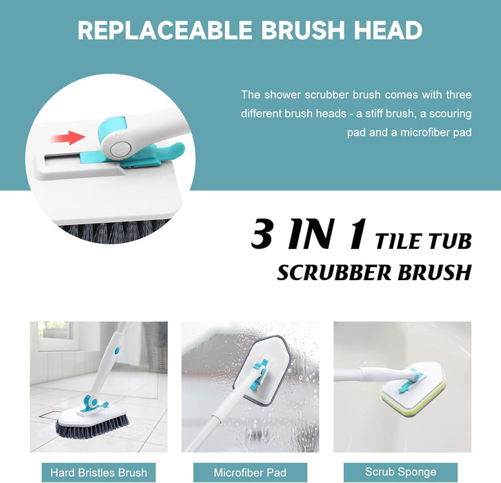Shower Scrubber with Long Handle, 3 in 1 Tile Tub Scrubber Brush with 3 Detachable Cleaning Heads Adjustable Handle Show