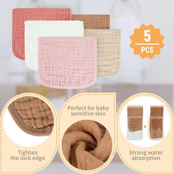 Baby Burp Cloths 100% Cotton Newborn Muslin Burp Cloths 10x20 inches Baby Essentials Pink & Coffee 5-Pack