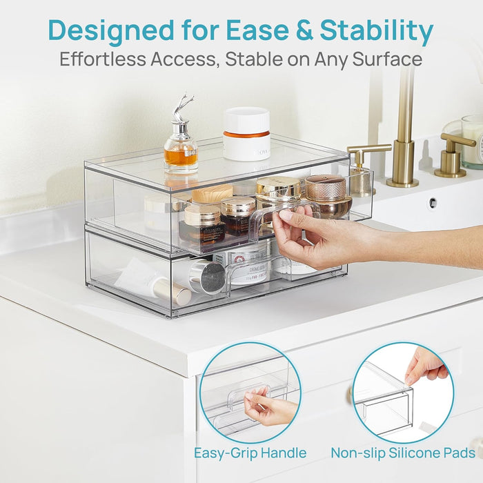Clear Stackable Storage Drawers, 2 Pack Wide Plastic Organizers