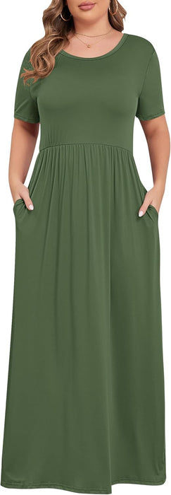 Women Plus Size Maxi Dress Short Sleeve Round Neck Loose Fit A-Line