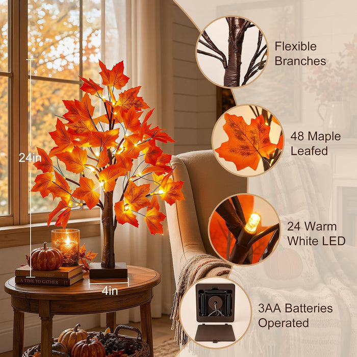 Fall Decor, 2 Pack 24 Inch Fall Trees Lighted Maple with 48 LED Warm Light 96 Pcs Maple Leaves, Autumn Thanksgiving Deco