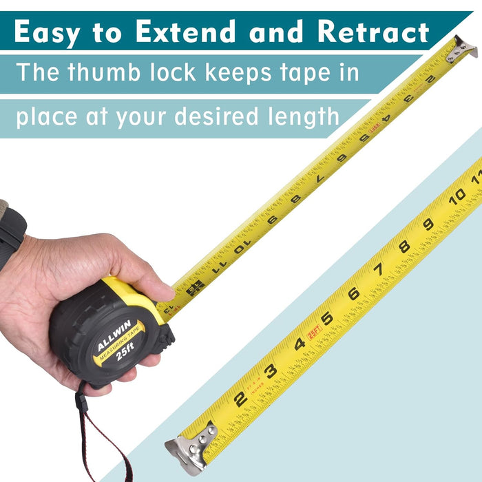 Tape Measure 25 Ft - Metal Retractable Tape Measure with Fractions, Easy Read, 1-inch Wide X 25 Foot