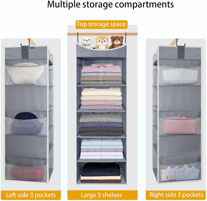 5-Shelf Hanging Closet Organizer and Storage with Side Pockets, Collapsible Closet Hanging Shelves for Storage, Grey