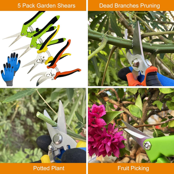 Pruning Shears, 5 Pack Garden Shears with Gardening gloves, Clippers Handheld, Stainless Steel Garden Snips, Pruners for