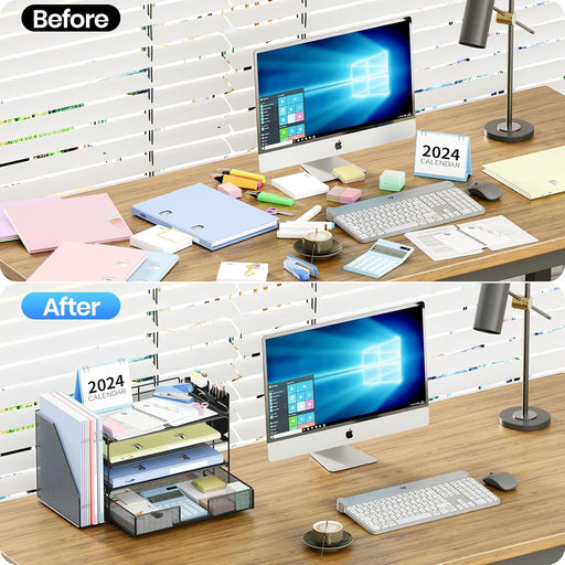 Desk Organizer, 4-Tier Desktop File Organizer with Drawer and Pen Holders, Office Desk Accessories, File Sorters, Worksp