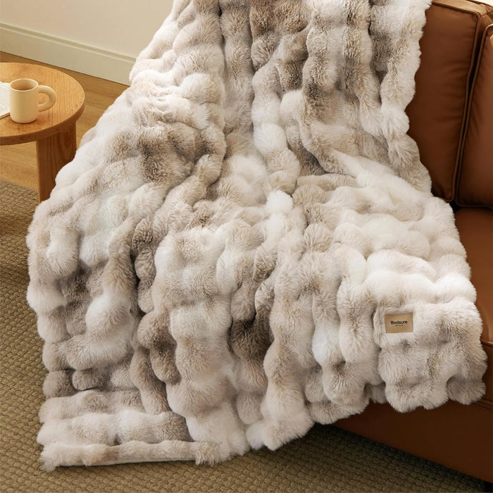Fluffy Bubble Faux Fur Throw XL Blanket, 50"x70", Tie-dye Taupe