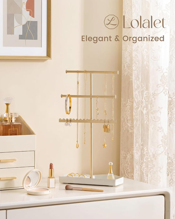 3-Tier Jewelry Organizer Stand, Metal Jewellery Holder, Dresser Display Rack for Necklace Earring Bracelets Rings, Gift 