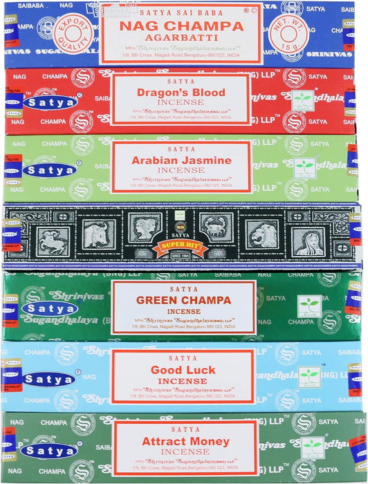 Incense Sticks Gift Set, 7 Scents, Nag Champa, Dragon's Blood, Arabian Jasmine, Super Hit, Green Champa, Goodluck, Attract Money, 15g Each (Relaxation Mix)