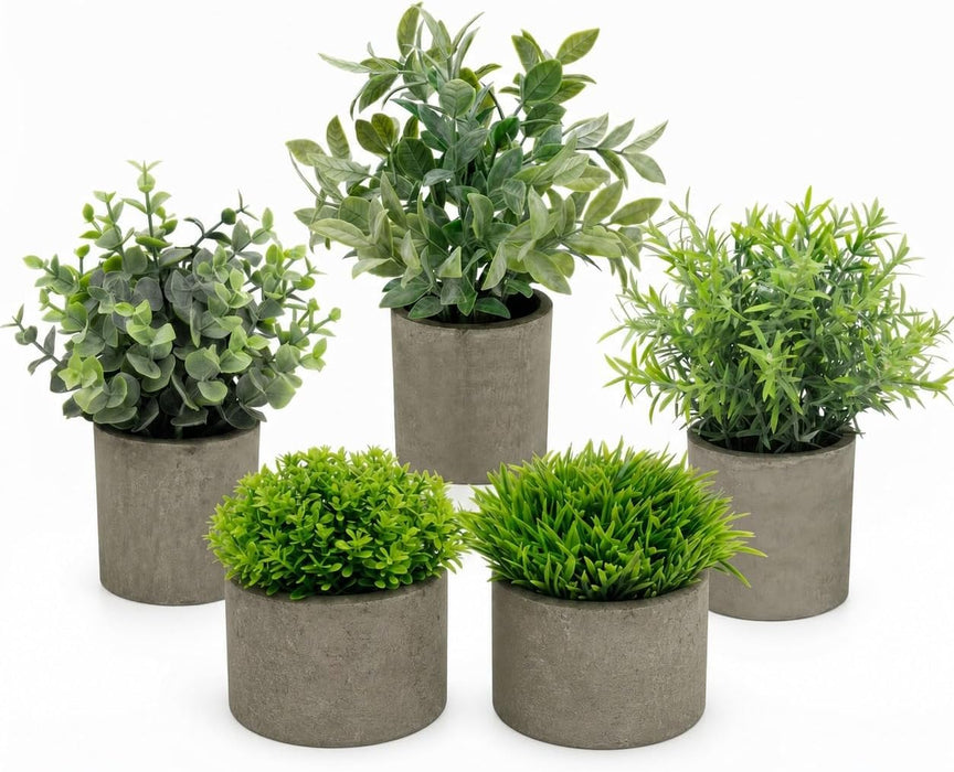 Artificial Potted Plants Faux Greenery in Cement Pots for Shelf, Bookshelf, Office or Home Decor, Small Decorative Fake Plants for Modern Indoor Display