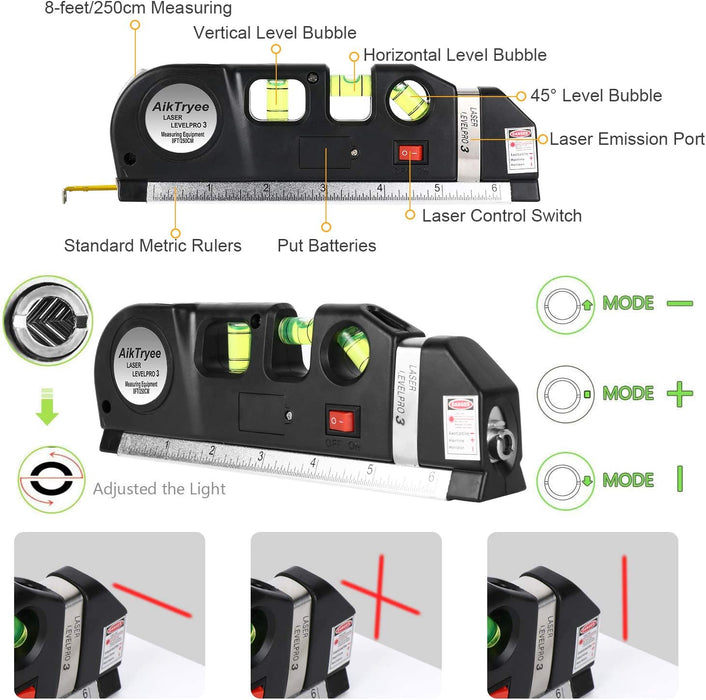 Laser Level Line Tool, Multipurpose Laser Level Kit Standard Cross Line Laser leveler Beam Tool with Metric Rulers 8ft/2